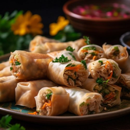 Fresh spring rolls, steamed dumplings, and savory sauces on plates generated by artificial intelligence